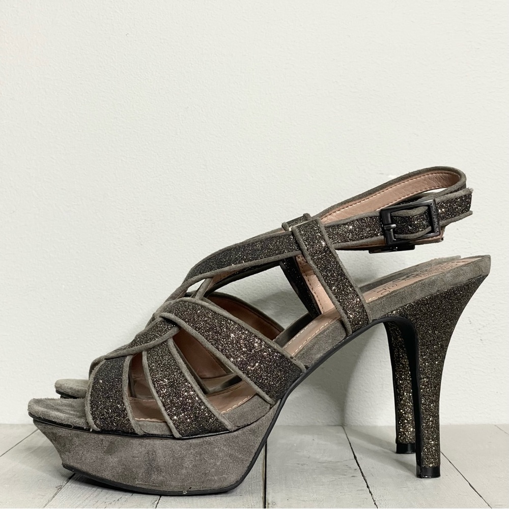 VINCE CAMUTO Tranton Suede Glitter Sparkle Platform Stiletto Heel Sandals
